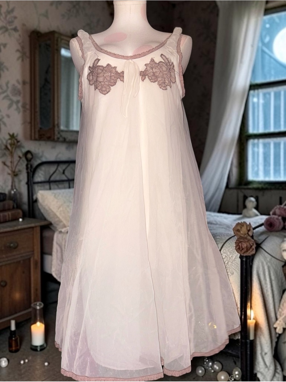 Val Mode Vintage 1960s Sheer Ivory Nightgown with Lace Trim & Embroidery Medium